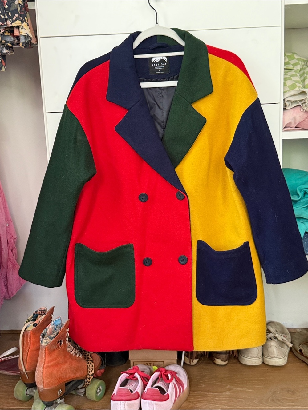 Lazy Oaf Colour Block Double-Breasted Coat in Red, Yellow, Navy, Green - Picture 5 of 6